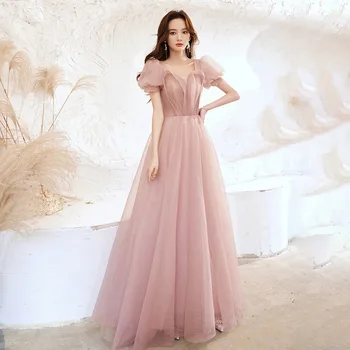2022 Женские Блестящие вечерние платья со шнуровкой на Квадратном Вырезе, Роскошное розовое тюлевое вечернее платье Трапециевидной формы