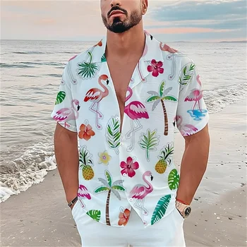 2023 Мужские рубашки из Кокосовой пальмы, Гавайские рубашки с 3D принтом Фламинго, однобортный Пляжный Топ с коротким рукавом, Модная Праздничная одежда