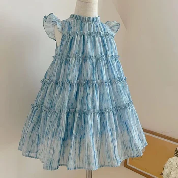 2023 Синее летнее платье принцессы с развевающимися рукавами, платье для торта, повседневное платье для девочек, детская одежда, Детское платье