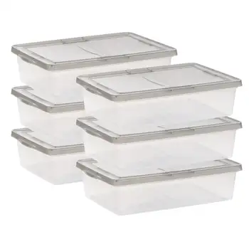 28-литровый Прозрачный Пластиковый ящик для хранения под кроватью, серый, Набор из 6 ящиков для хранения с крышкой, Большой контейнер для хранения, Кухонный...