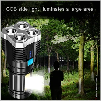 4-элементный суперяркий фонарик, многофункциональный перезаряжаемый светодиодный фонарик P1000 с дисплеем батареи, COB Light