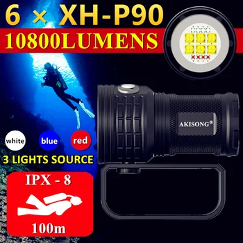 4 ЯДРА XHP90 IPX8 Водонепроницаемый Светодиодный Дайвинг Мощный Фонарик Подводный 100 м Профессиональная Камера Факел Для Подводного Плавания Заполняющие Огни