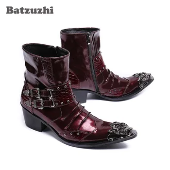 Batzuzhi/Мужские Ботильоны из натуральной кожи в стиле Панк с острым носком и застежкой-молнией, Мужские Военные Ковбойские ботинки с высоким берцем и пряжками, Botas Hombre