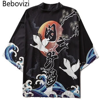 Bebovizi Кимоно в китайском стиле Юката 2020, Женская Повседневная рубашка с принтом Журавля, Одежда, Традиционные Кимоно, Мужское японское пальто