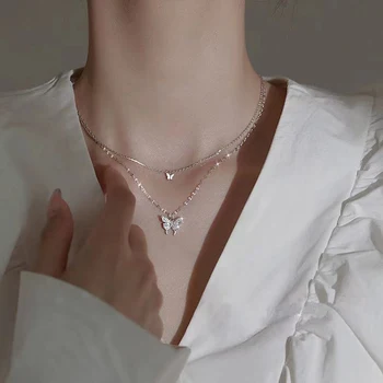 LATS Новые Элегантные Серебряные Ожерелья с блестящими бабочками, Изысканное Двухслойное ожерелье-цепочка для Ключиц, Ювелирный подарок