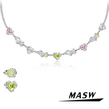 MASW Оригинальный дизайн, Роскошный Ювелирный набор, Высококачественное Голубое Розовое Зеленое Стеклянное Ожерелье в виде сердца Для женщин, Подарочный браслет-оберег 2023