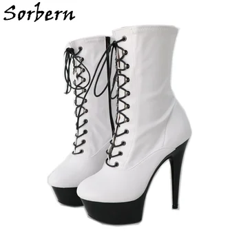 Sorbern/однотонные белые ботильоны на очень высоком каблуке с круглым носком, Короткие сапоги для женщин, Дизайнерская обувь, нестандартного цвета, на молнии с перекрестной шнуровкой