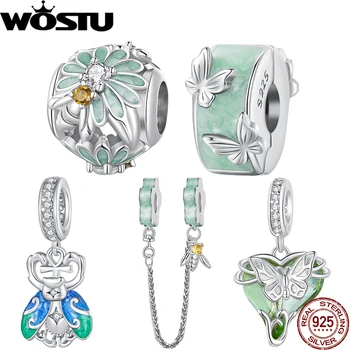 WOSTU, 925 Пробы, серебряная подвеска в виде Пчелы и Маргаритки, зеленая Бабочка, бусина-насекомое, цветок Оазиса, защитная цепочка, оригинальный браслет