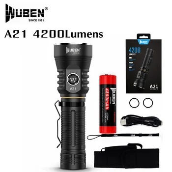 WUBEN A21 тактический фонарик высокой мощности 4200 люмен с батареей 21700 Перезаряжаемый фонарь Водонепроницаемый для кемпинга, охоты
