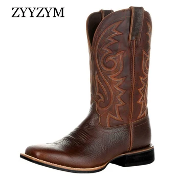 ZYYZYM/Мужские ботинки в западном стиле, женские Высокие ботинки с вышивкой в стиле ретро, Осень-зима, Новые ковбойские сапоги, мужская обувь