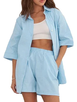 ZZLBUF/ Женский пижамный комплект из 2 предметов, Шелковые атласные костюмы для отдыха, Рубашки свободного кроя с цветочным принтом, Топы и шорты, пижамы