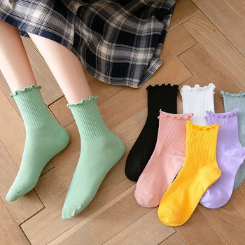 Белые носки, женские носки С милыми оборками В стиле Каваи, Хлопковые носки В японской Моде, Фиолетовые женские носки С круглым вырезом, Женские