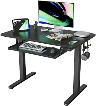 Большой Письменный стол с регулируемой высотой и подставкой для клавиатуры, 55 x 24 Дюйма, Письменный стол с подставкой для сидения и соединительной доской, Белая рамка/Подсветка
