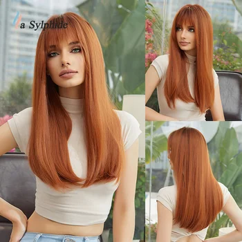 Женский парик La Sylphide Оранжево-рыжий с челкой, длинный прямой парик для женщин, синтетические парики хорошего качества, вечерние волосы для Косплея
