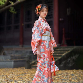 Женское Кимоно Юката с принтом вишневого цвета, традиционная японская официальная одежда для фотосессии, одежда для косплея