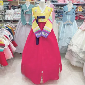 Женское Свадебное платье Ханбок для Новобрачных, Желтый Топ и юбка с красной Розой, Изысканная Вышивка Ханбок, Корейское Традиционное Народное Сценическое Шоу