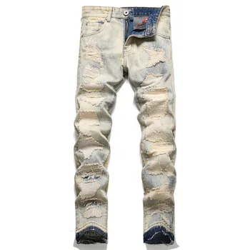Летние потертые джинсы, мужские маленькие ножки, перфорированные карманы, рваные края, Длинные брюки, приталенный крой, принт High Street Tide 2