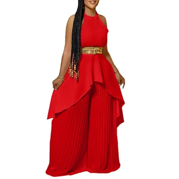 Летние Элегантные африканские женские комплекты из полиэстера без рукавов, Белый, Красный, Черный, синий, 2 предмета, топ, плиссированные брюки, комплекты африканской одежды