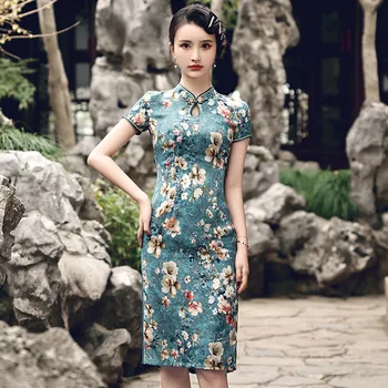 Летний Чонсам с коротким рукавом и воротником-стойкой в китайском стиле, Винтажный Синий Цветочный Принт, Приталенное платье Qipao, Размер M-4XL
