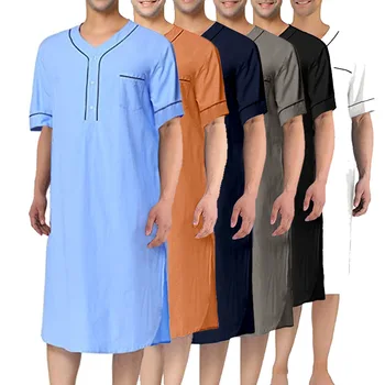 Летняя мужская тонкая ночная рубашка с коротким рукавом, Мусульманская Домашняя одежда, Однотонный Свободный Кафтан из Саудовской Аравии, Домашняя Абайя, халат для сна
