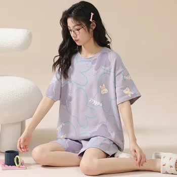 Летняя пижама для сна, женский пижамный комплект с короткими рукавами, пижама с рисунком Рабита, Пижамы из чистого хлопка, домашняя мода