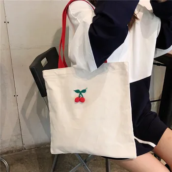 Милая мягкая вишневая летняя сумка через плечо, тканевая самодельная студенческая сумка на молнии, эко-холщовая сумка для покупок для девочек, складная сумка для покупок
