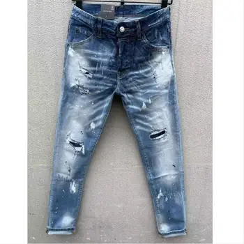 Модные мужские Джинсы с дырочками, окрашенные аэрозольной краской, Модные мото- и байкерские повседневные брюки из джинсовой ткани 893#