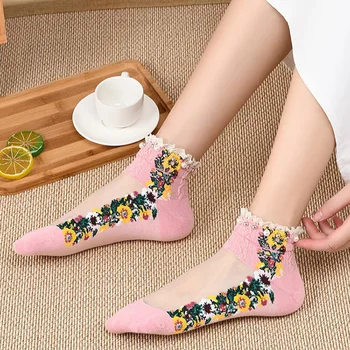 Модные носки в стиле Лолиты, летние женские Весенние короткие носки, Чулочно-носочные изделия, Носки с вышивкой и цветами, Носки-лодочки