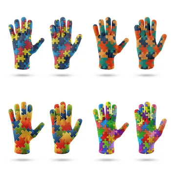Модные перчатки с 3D-печатью с мультяшным рисунком головоломки, Осенне-зимние трикотажные стрейчевые перчатки с полным пальцем, Лыжные перчатки на открытом воздухе