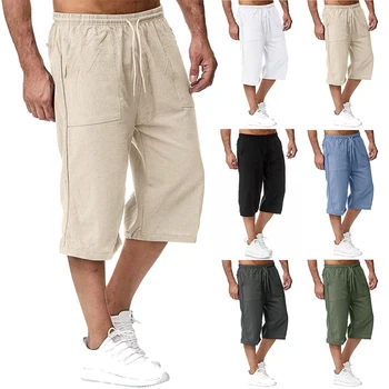Мужские повседневные брюки из смеси хлопка длиной до икр, Летние эластичные на талии однотонные Свободные шорты с карманами, прямые брюки длиной 3/4