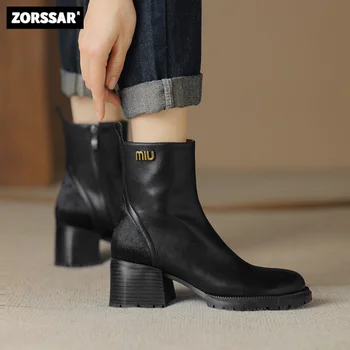 Новые женские ботинки для верховой езды из натуральной кожи, ботильоны на массивном каблуке, Модные женские короткие ботинки на высоком каблуке в лаконичном стиле, зимняя обувь