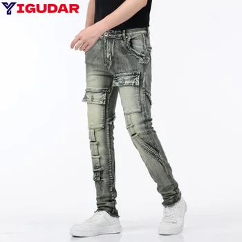 Новые Мужские облегающие джинсы-стрейч, Повседневные модные джинсовые брюки-карго с несколькими карманами, Уличные мужские джинсы, рабочие брюки в стиле хип-хоп