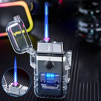 Новый тип газоэлектрической зажигалки двойного назначения, Ветрозащитная USB-двухдуговая зажигалка для сигарет, надувная зажигалка с синим пламенем