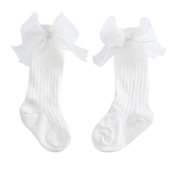 Носки до икр для маленьких девочек, эластичные мягкие носки до колена с бантом и бантом, длинные носки-трубки