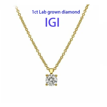 Ожерелье с Лабораторным бриллиантом из желтого Золота IGI 14k, Круглый Бриллиант-Пасьянс, Ожерелье с Бриллиантовым Пасьянсом, Подвеска с бриллиантом 1,0 карат