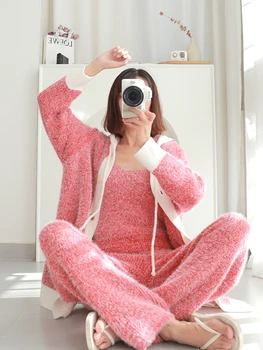 Пижама зимняя с капюшоном из плотной фланели розового цвета, комплект пижам из трех предметов с капюшоном, Бархатная пижама для сна, теплая домашняя одежда в стиле Каваи