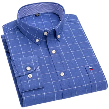 Плюс 7XL 6XL 5XL Мужская Рубашка из 100% хлопка с Длинным рукавом и пуговицами в Клетку, Повседневная Стандартная Клетчатая Рубашка в Полоску, Однотонные Оксфордские Рубашки