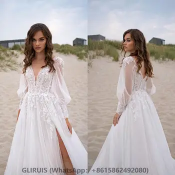 Пляжное простое свадебное платье с V-образным вырезом 2022, пышные рукава, свадебное платье с высоким разрезом и открытой спиной, кружевная аппликация, тюлевый халат De Mariée