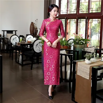 Розово-красный чонсам, платье с длинными рукавами в китайском стиле, ретро кружевное элегантное традиционное длинное платье чонсам, сексуальный Размер S-3XL 2020