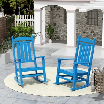 Садовый набор из 2 классических пластиковых кресел-качалок для веранды в стиле Адирондак, Тихоокеанский синий