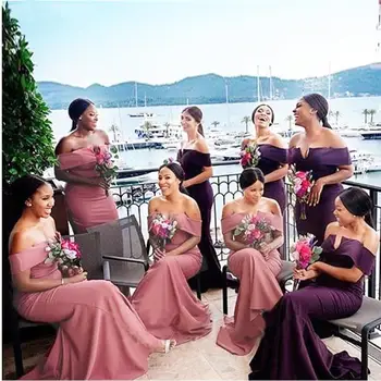 Сексуальное Африканское Фиолетово-розовое Платье Подружки Невесты Русалки с открытыми плечами, Элегантное атласное платье для свадебной вечеринки больших размеров