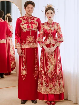 Современная Восточная пара Чонсам, красное атласное китайское традиционное свадебное платье Ципао с вышивкой дракона и Феникса
