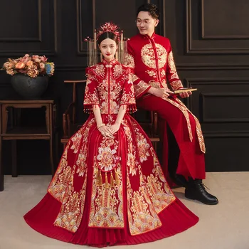 Традиционное изысканное свадебное платье для пары с вышивкой, Элегантный воротник-стойка, Китайский свадебный Чонсам Свадебное платье