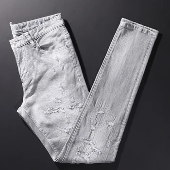 Уличная мода, мужские джинсы, ретро-серые эластичные облегающие рваные джинсы, мужские брендовые дизайнерские джинсовые брюки в стиле хип-хоп в стиле панк
