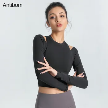 Футболки для йоги Antibom, Женский спортивный укороченный топ с длинным рукавом, быстросохнущая футболка для тренировок в тренажерном зале, однотонная тонкая футболка