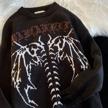 Хип-хоп уличная одежда, вязаный свитер для мужчин готический Письмо печати пуловер Летучая мышь скелет 2021 осень Харадзюку хлопок свитер женщин 