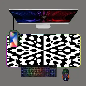 Черно-белый RGB Игровой коврик для мыши для ПК со светодиодной подсветкой, Коврик для беспроводной зарядки клавиатуры для телефона, Коврик для компьютерной офисной игры, Резиновый коврик для мыши
