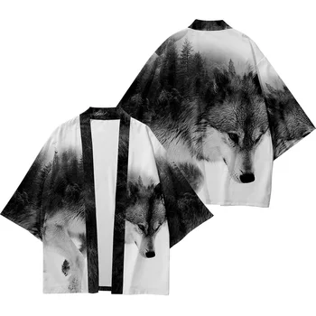 Японское Мужское пальто-Кимоно, Традиционная Свободная рубашка Унисекс в стиле Харадзюку, Блузки с принтом Лисы, Женский Пляжный Кардиган Юката